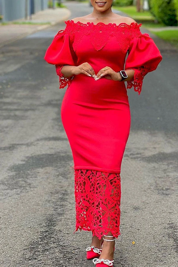 Lace Patchwork Elegant Off Shoulder Midi Dress 4 Lace Patchwork Elegant Off Shoulder Midi Dress - Image 4