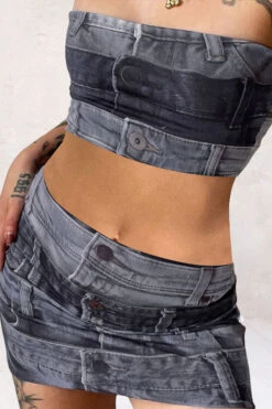 Denim Print Stylish Bandeau Dress Suit -Prettytina H23041992 BK 1