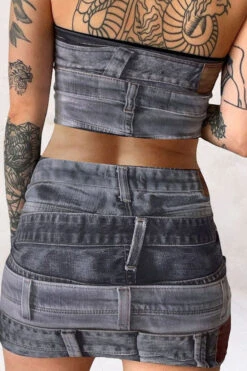 Denim Print Stylish Bandeau Dress Suit -Prettytina H23041992 BK 2