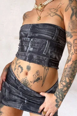 Denim Print Stylish Bandeau Dress Suit -Prettytina H23041992 BK 3