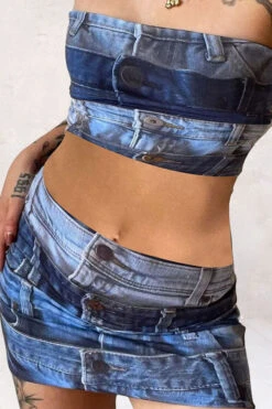 Denim Print Stylish Bandeau Dress Suit