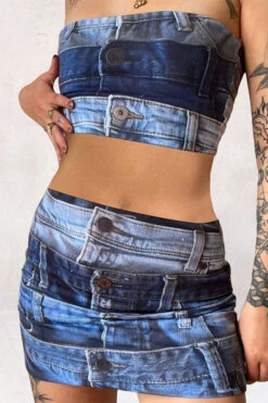 Denim Print Stylish Bandeau Dress Suit -Prettytina H23041992 BL 3