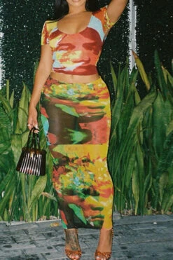 Tie Dye Colorful Scoop Neck Dress Suit