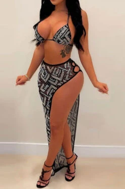 Rhinestone Flirty High Split Dress Suit Three Pieces