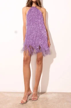 Solid Color Smart Halter Collar Tassel Mini Dress -Prettytina H23042416 PU 3