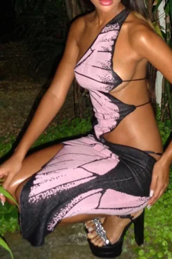 Butterfly Print Hot Cutout Irregular Mini Dress -Prettytina H23042423 PU 5