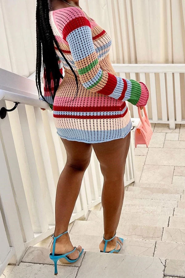 Color Block Modern Hollow-Out Knitted Mini Dress 4 Color Block Modern Hollow-Out Knitted Mini Dress - Image 4