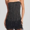 Rhinestone Patchwork Striking Feather Trim Mini Dress
