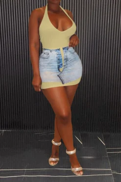 Denim Print Stylish Halter Collar Mini Dress -Prettytina H23042460 KH 1