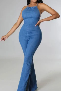 Solid Color Urban Strappy Back Denim Jumpsuit -Prettytina H23042495 BL 3