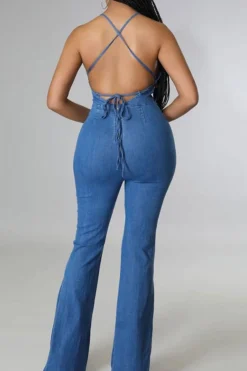 Solid Color Urban Strappy Back Denim Jumpsuit -Prettytina H23042495 BL 4