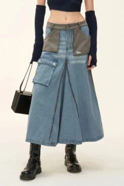 Hit Color Stylish Multi Pocket Zipper Denim Skirt