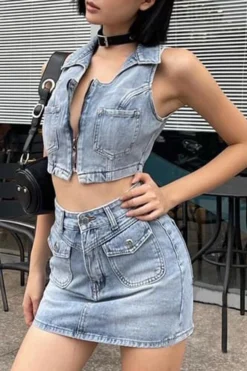 Solid Color Modern Multi Pocket Denim Dress Suit 6 Solid Color Modern Multi Pocket Denim Dress Suit -Prettytina H23042765 BL 3