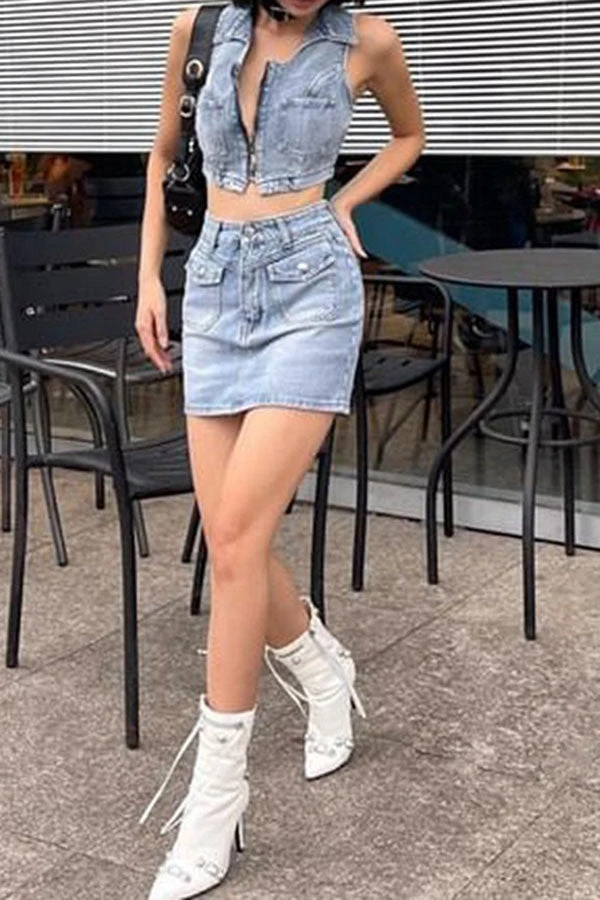 Solid Color Modern Multi Pocket Denim Dress Suit 4 Solid Color Modern Multi Pocket Denim Dress Suit - Image 4