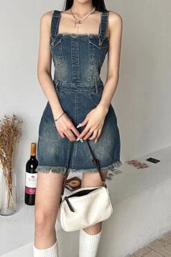 Gradient Girly Suspenders Denim Mini Dress -Prettytina H23042773 BL 4