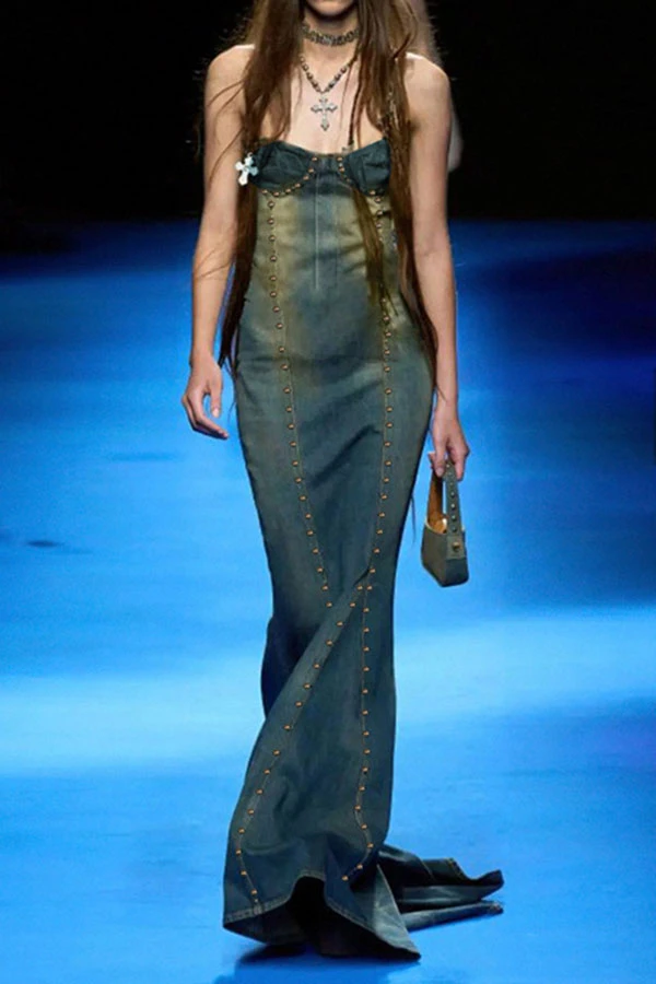 Rivet Design Glamorous Denim Fishtail Maxi Dress 2 Rivet Design Glamorous Denim Fishtail Maxi Dress - Image 2