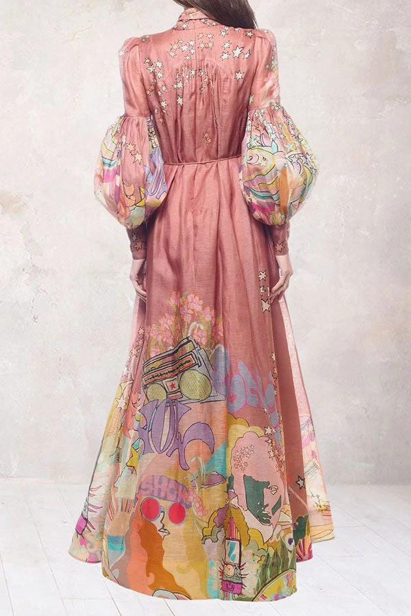 Cartoon Print Dramatic Puff Sleeve Maxi Dress 4 Cartoon Print Dramatic Puff Sleeve Maxi Dress - Image 4