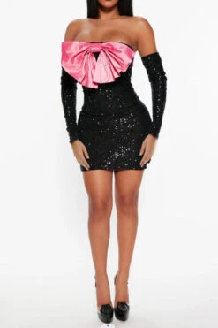 Sequined Kitsch Big Bowknot Mini Dress -Prettytina H23050417 BK 3