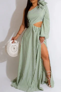 3D Flower Decor Striped Rocking Asymmetric Dress -Prettytina H23050448 GR 1