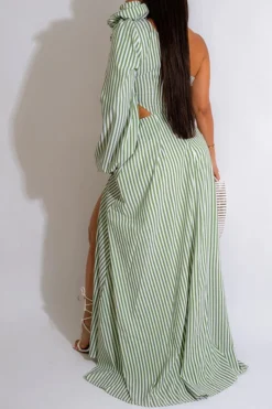 3D Flower Decor Striped Rocking Asymmetric Dress -Prettytina H23050448 GR 2