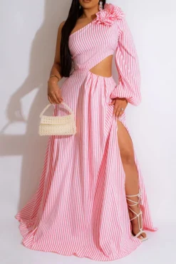 3D Flower Decor Striped Rocking Asymmetric Dress