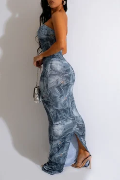 Denim Print Party Bandeau Maxi Dress -Prettytina H23050454 AS 2