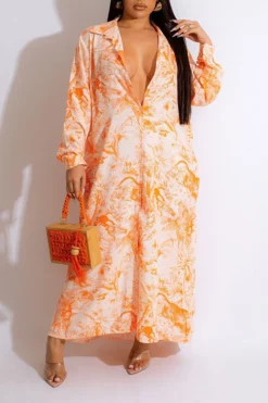Natural Print Relaxed Single Breasted Maxi Dress -Prettytina H23050481 OR 1