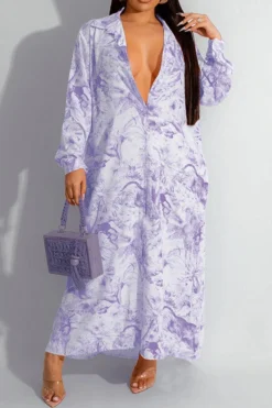 Natural Print Relaxed Single Breasted Maxi Dress -Prettytina H23050481 PU 1