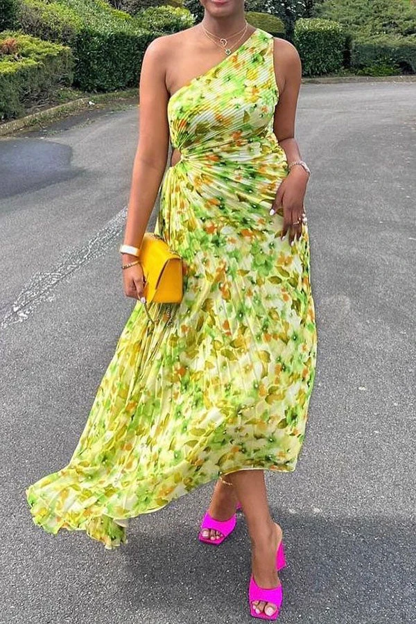 Floral Print Glamorous Asymmetric Pleated Midi Dress 2 Floral Print Glamorous Asymmetric Pleated Midi Dress - Image 2