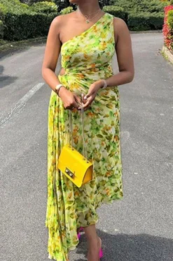 Floral Print Glamorous Asymmetric Pleated Midi Dress 5 Floral Print Glamorous Asymmetric Pleated Midi Dress -Prettytina H23050495 GR 3