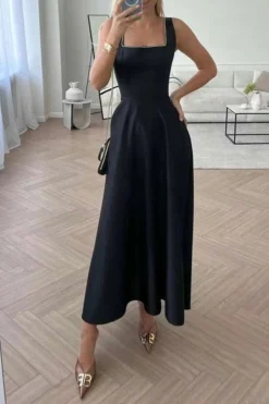 Solid Color Simple Swing Pleated Midi Dress -Prettytina H23050496 BK 1