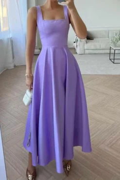 Solid Color Simple Swing Pleated Midi Dress