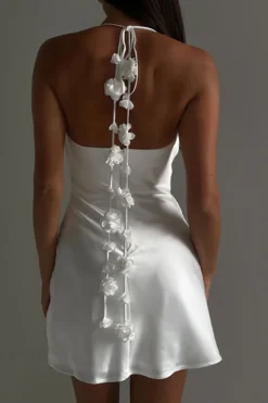 3D Flower Decor Elegant Halter Collar Mini Dress