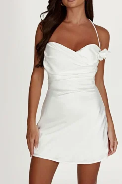 3D Flower Decor Elegant Halter Collar Mini Dress -Prettytina H23050502 WH 3