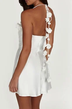 3D Flower Decor Elegant Halter Collar Mini Dress -Prettytina H23050502 WH 5