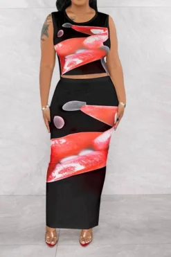 Lips Print Classic Split Back Skirt Suit -Prettytina H23050514 BK 1