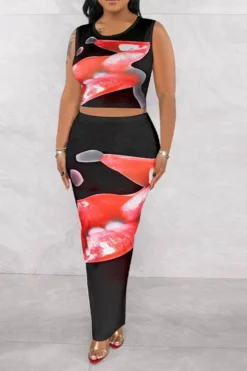 Lips Print Classic Split Back Skirt Suit -Prettytina H23050514 BK 2