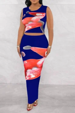 Lips Print Classic Split Back Skirt Suit -Prettytina H23050514 NB 2