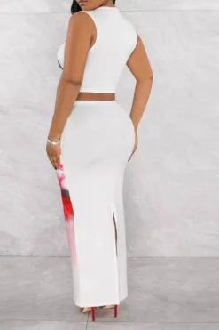 Lips Print Classic Split Back Skirt Suit -Prettytina H23050514 WH 3