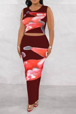 Lips Print Classic Split Back Skirt Suit -Prettytina H23050514 WR 2