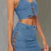 Solid Color Smart Strappy Denim Skirt Suit