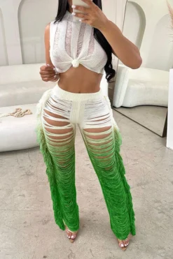Gradient Ripped Cool Side Tassel Knitted Pant Suit 18 Gradient Ripped Cool Side Tassel Knitted Pant Suit -Prettytina H23050525 GR 1