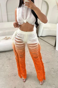 Gradient Ripped Cool Side Tassel Knitted Pant Suit 16 Gradient Ripped Cool Side Tassel Knitted Pant Suit -Prettytina H23050525 OR 1