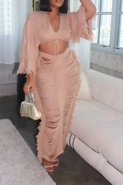 Solid Color Ripped Tassel Bohemia Knitted Skirt Suit Beachwear -Prettytina H23050534 AP 1