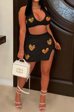 Heart Jacquard Hollow-Out Flattering Skirt Suit Beachwear -Prettytina H23050538 BK 1