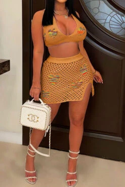 Heart Jacquard Hollow-Out Flattering Skirt Suit Beachwear -Prettytina H23050538 CA 1