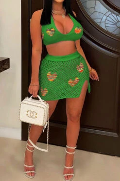 Heart Jacquard Hollow-Out Flattering Skirt Suit Beachwear -Prettytina H23050538 GR 1