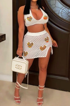 Heart Jacquard Hollow-Out Flattering Skirt Suit Beachwear -Prettytina H23050538 WH 1