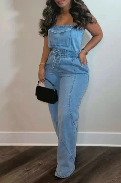 Solid Color Stylish Bandeau Denim Jumpsuit 13 Solid Color Stylish Bandeau Denim Jumpsuit -Prettytina H23050543 BL 7