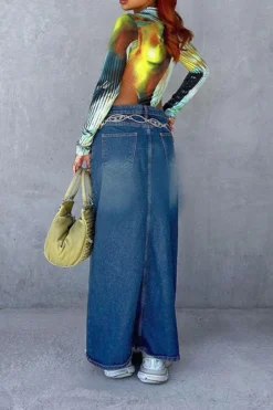 Gradient Urban High Split Denim Skirt -Prettytina H23050549 BL 3